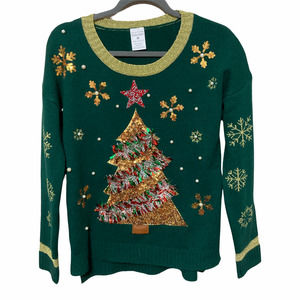 Holiday Classics Tinsel Pearl Beaded Christmas Tree Sweater  Size Medium Green